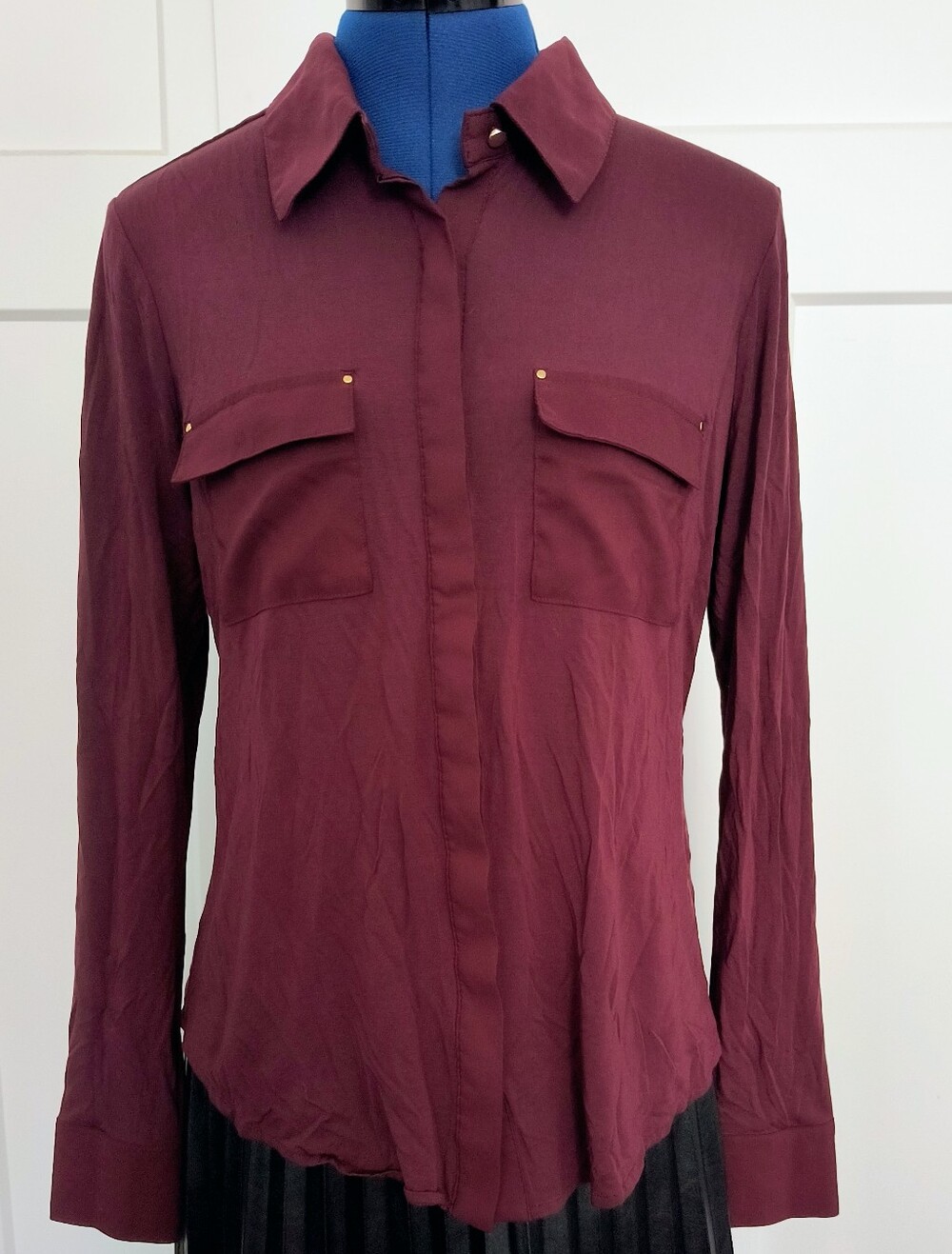 White House Black Market Burgundy Button-Front Long Sleeve Shirt